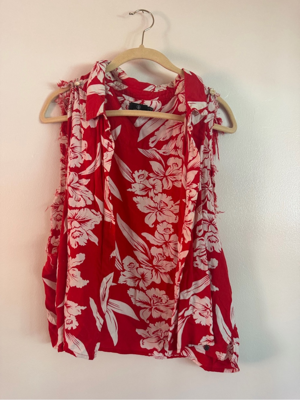 Volcom Red and White Hawaiian Cut Off Shirt